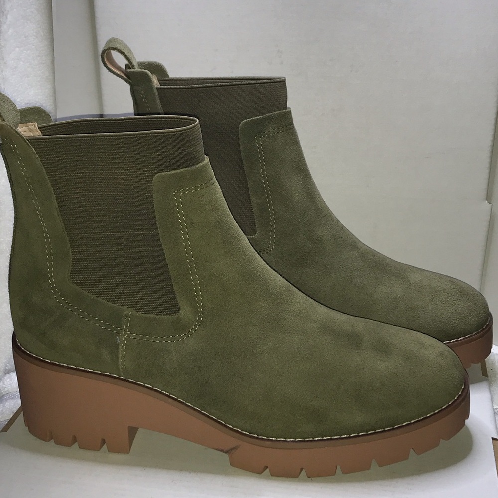 Women's Olive Suede Chelsea Booties - Picture 2 of 5